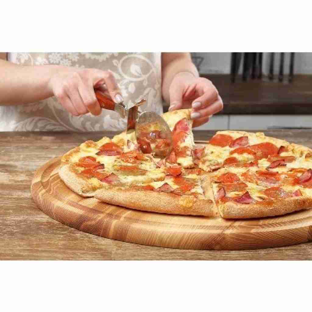 B.Brown Large Round Wood Cutting Board with pizza on it